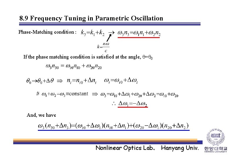 8. 9 Frequency Tuning in Parametric Oscillation Phase-Matching condition : If the phase matching