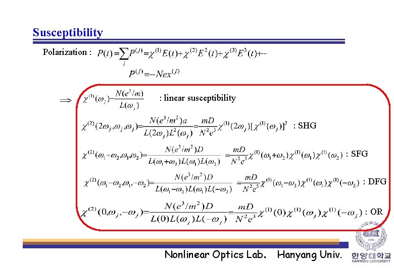 Susceptibility Polarization : : linear susceptibility : SHG : SFG : DFG : OR