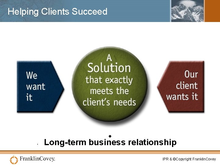 Helping Clients Succeed • • Long-term business relationship IPR & ©Copyright Franklin. Covey 