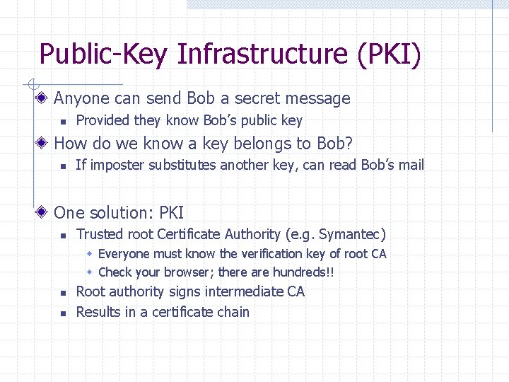 Public-Key Infrastructure (PKI) Anyone can send Bob a secret message n Provided they know