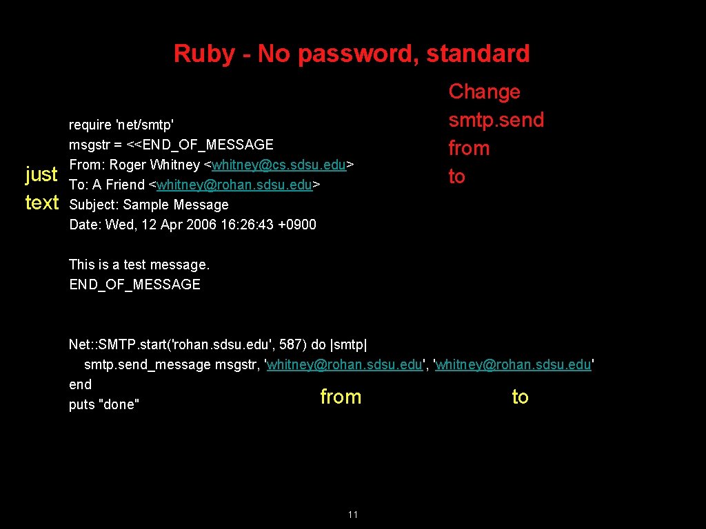 Ruby - No password, standard just text require 'net/smtp' msgstr = <<END_OF_MESSAGE From: Roger