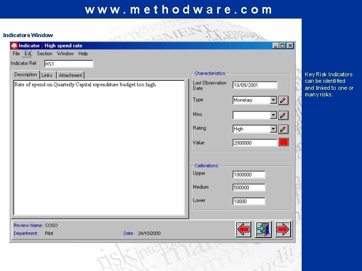www. methodware. com Indicators Window Key Risk Indicators can be identified and linked to