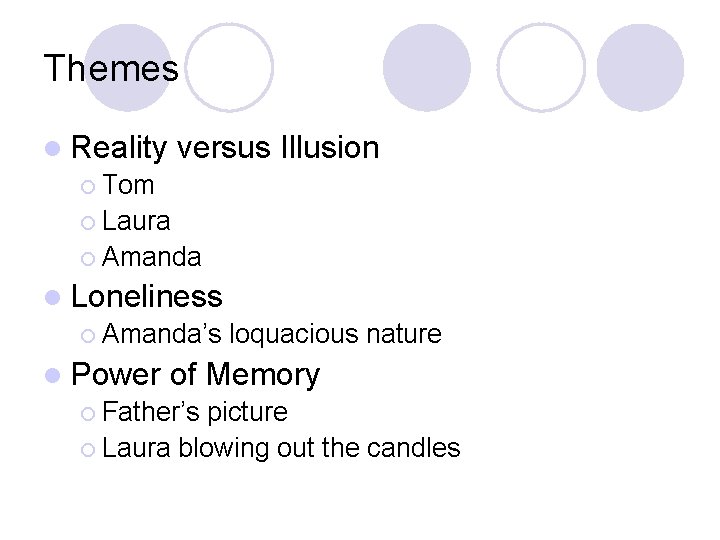 Themes l Reality versus ¡ Tom ¡ Laura ¡ Amanda Illusion l Loneliness ¡ Themes l Reality versus ¡ Tom ¡ Laura ¡ Amanda Illusion l Loneliness ¡