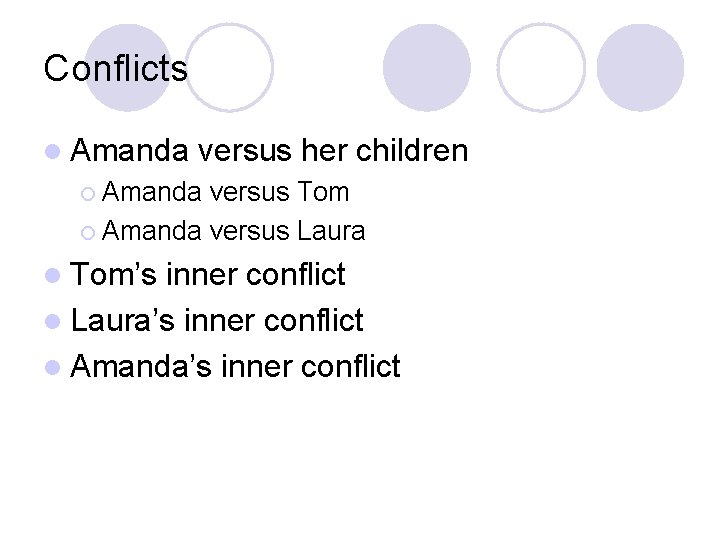 Conflicts l Amanda versus her children ¡ Amanda versus Tom ¡ Amanda versus Laura Conflicts l Amanda versus her children ¡ Amanda versus Tom ¡ Amanda versus Laura
