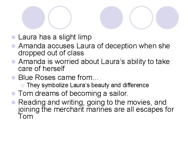 Laura has a slight limp Amanda accuses Laura of deception when she dropped out Laura has a slight limp Amanda accuses Laura of deception when she dropped out