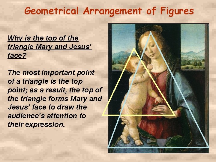 Geometrical Arrangement of Figures Why is the top of the triangle Mary and Jesus’