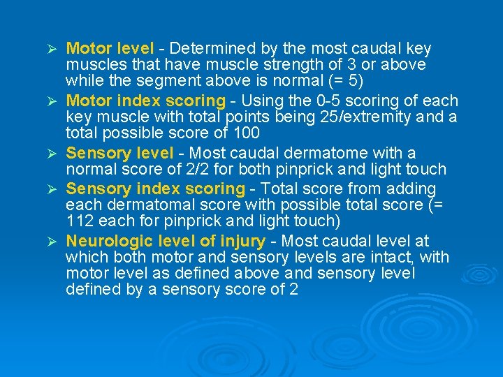 Ø Ø Ø Motor level - Determined by the most caudal key muscles that