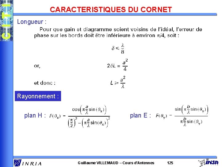 CARACTERISTIQUES DU CORNET Longueur : Rayonnement : plan H : plan E : Guillaume