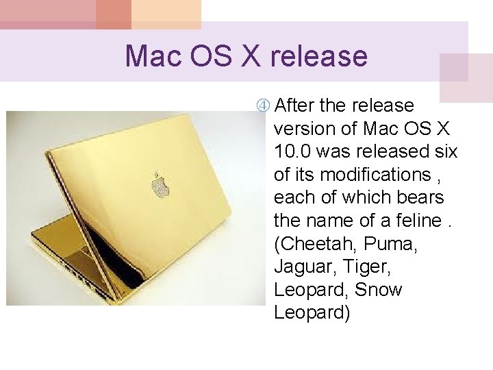 Mac OS X release After the release version of Mac OS X 10. 0