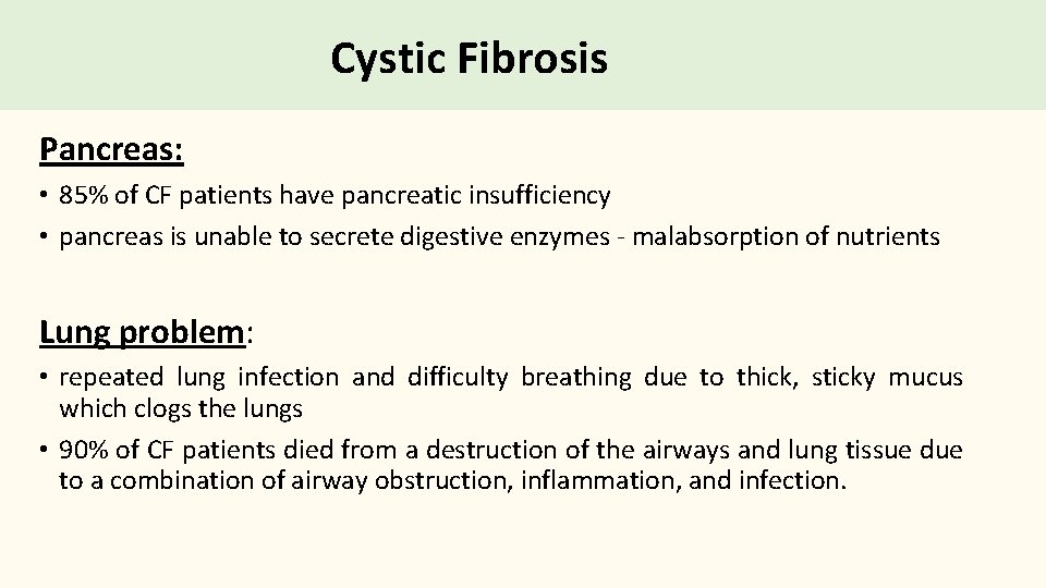 Cystic Fibrosis Pancreas: • 85% of CF patients have pancreatic insufficiency • pancreas is