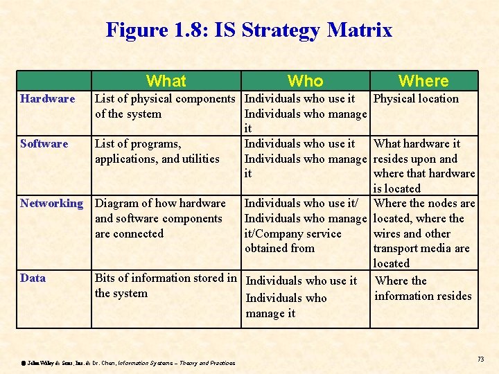 Figure 1. 8: IS Strategy Matrix What Hardware Software Who List of physical components Figure 1. 8: IS Strategy Matrix What Hardware Software Who List of physical components