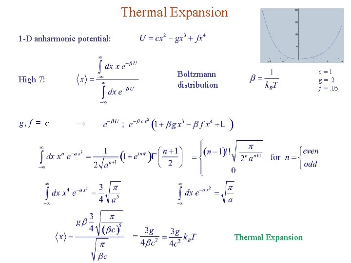 Thermal Expansion 1 -D anharmonic potential: c=1 g =. 2 f =. 05 Boltzmann