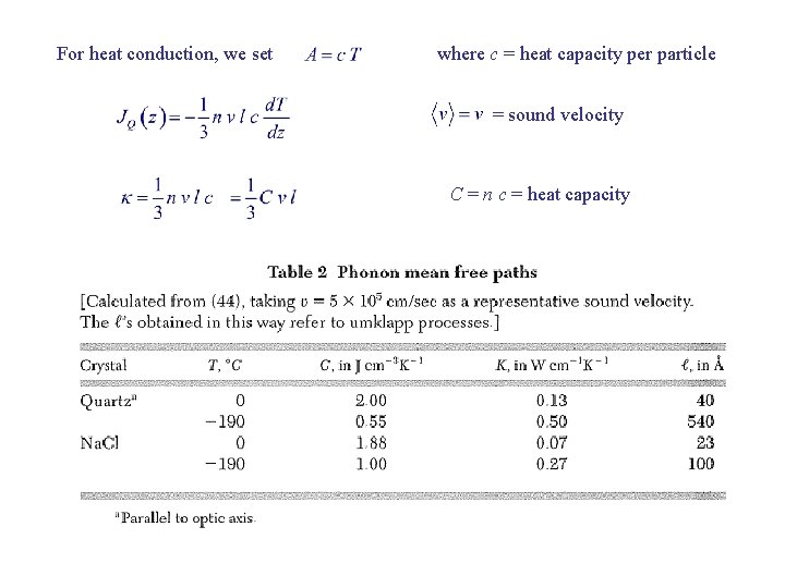 For heat conduction, we set where c = heat capacity per particle = sound