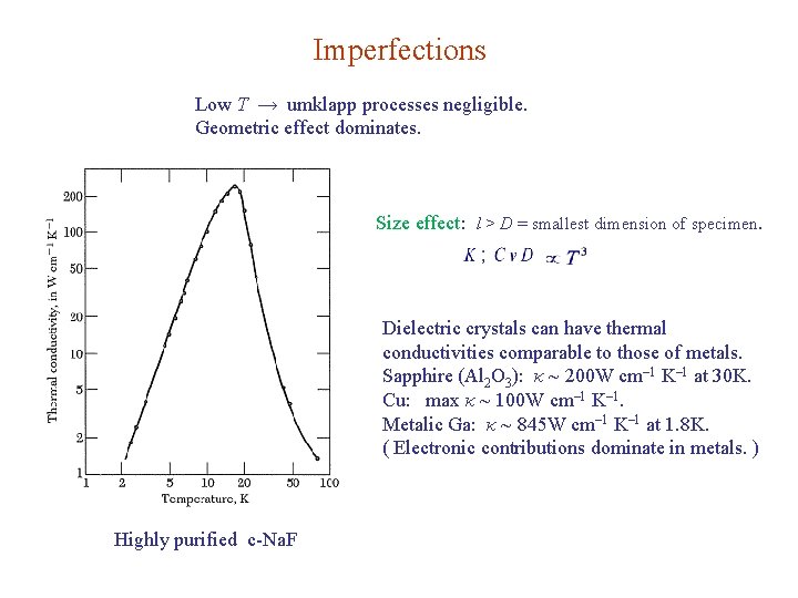 Imperfections Low T → umklapp processes negligible. Geometric effect dominates. Size effect: l >