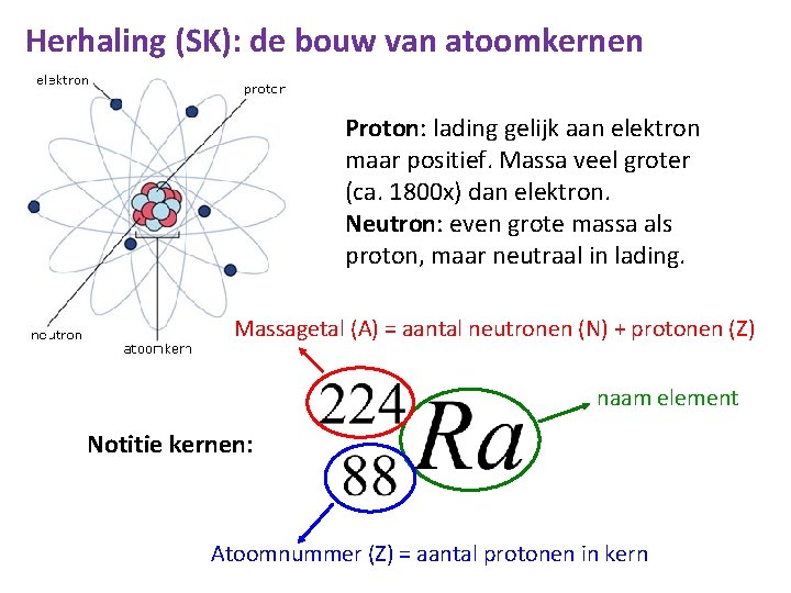 Herhaling (SK): de bouw van atoomkernen Proton: lading gelijk aan elektron maar positief. Massa