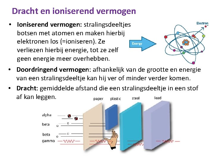 Dracht en ioniserend vermogen • Ioniserend vermogen: stralingsdeeltjes botsen met atomen en maken hierbij