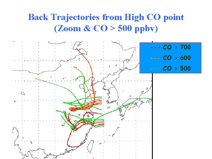 Back Trajectories from High CO point (Zoom & CO > 500 ppbv) --- CO