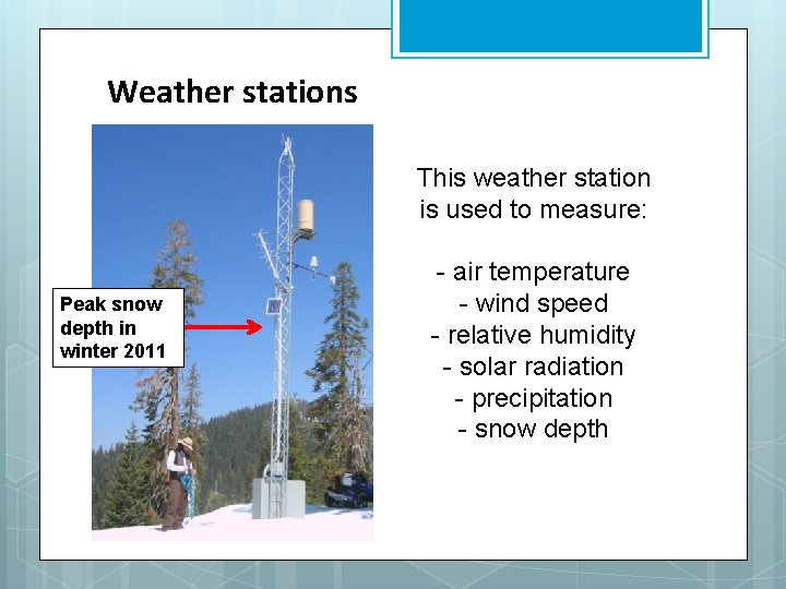 Weather stations This weather station is used to measure: Peak snow depth in winter