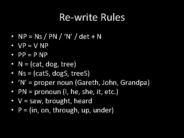 Re-write Rules • • • NP = Ns / PN / ‘N’ / det Re-write Rules • • • NP = Ns / PN / ‘N’ / det