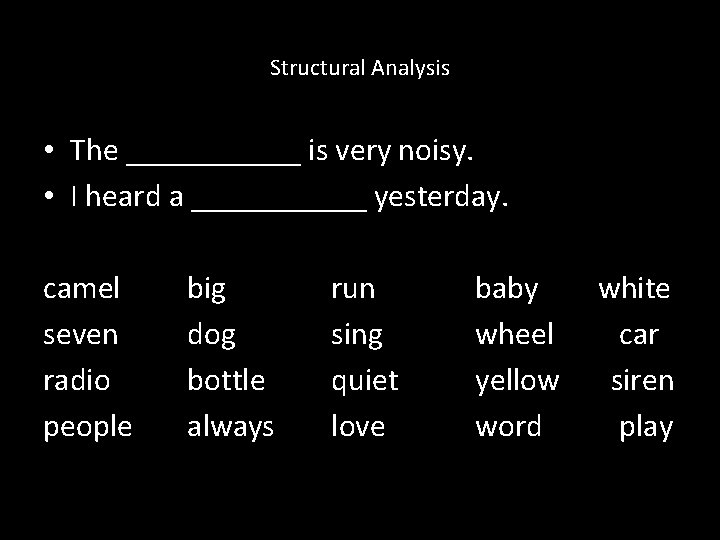 Structural Analysis • The ______ is very noisy. • I heard a ______ yesterday. Structural Analysis • The ______ is very noisy. • I heard a ______ yesterday.