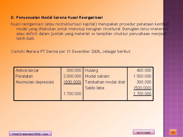 D. Penyesuaian Modal karena Kuasi Reorganisasi Kuasi reorganisasi (atau restrukturisasi kapital) merupakan prosedur penataan