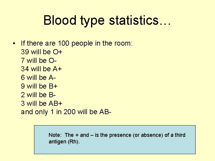 Blood type statistics… • If there are 100 people in the room: 39 will