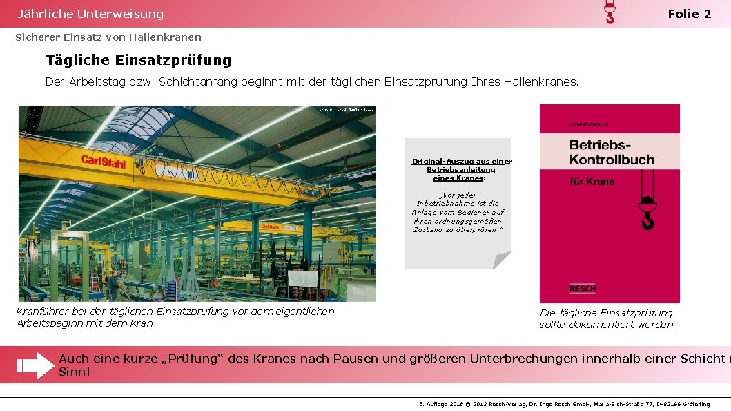 Folie 2 Jährliche Unterweisung Sicherer Einsatz von Hallenkranen Tägliche Einsatzprüfung Der Arbeitstag bzw. Schichtanfang