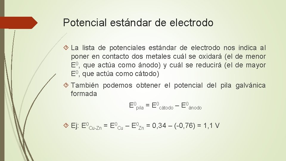 Potencial estándar de electrodo La lista de potenciales estándar de electrodo nos indica al