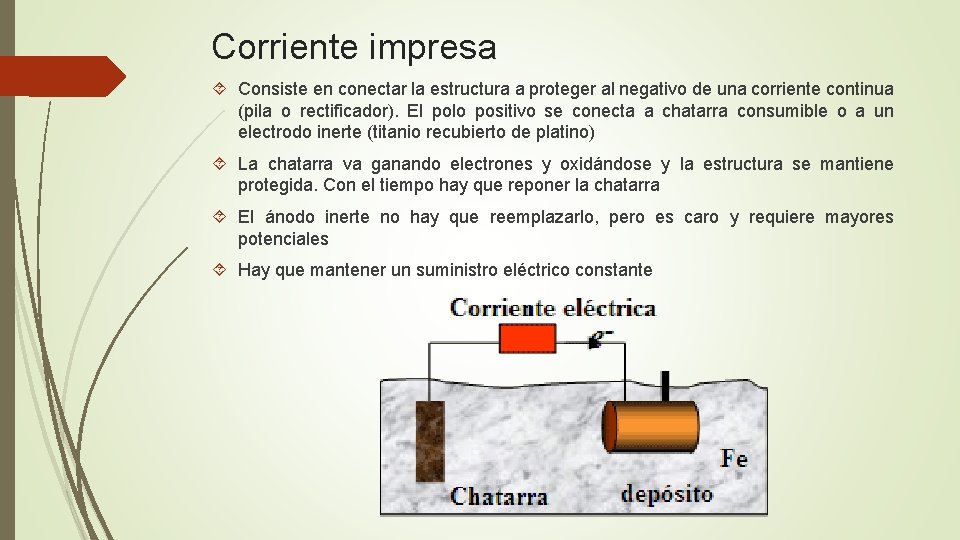 Corriente impresa Consiste en conectar la estructura a proteger al negativo de una corriente