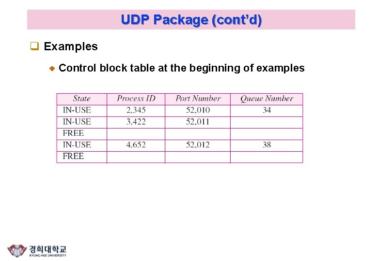 UDP Package (cont’d) q Examples Control block table at the beginning of examples 