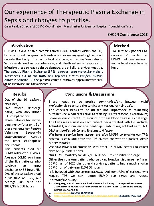 Our experience of Therapeutic Plasma Exchange in Sepsis and changes to practise. Cara Pardoe