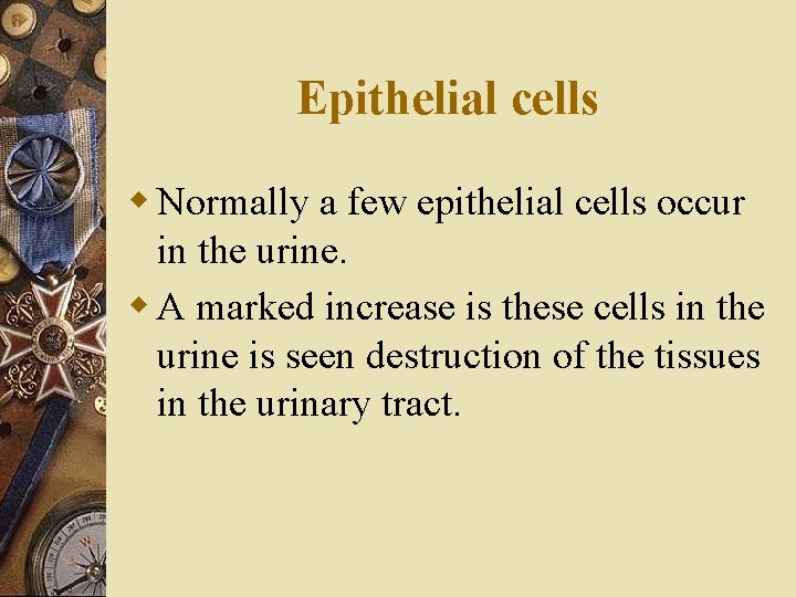 Epithelial cells w Normally a few epithelial cells occur in the urine. w A