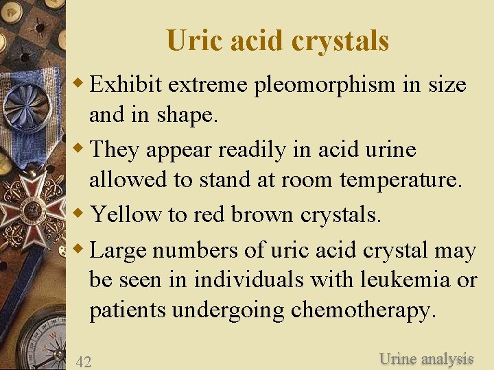 Uric acid crystals w Exhibit extreme pleomorphism in size and in shape. w They