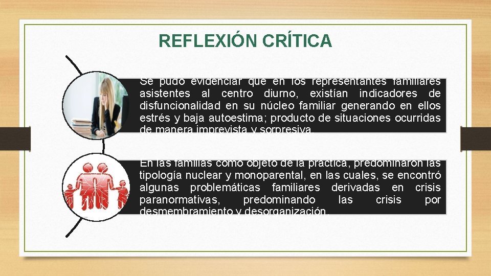 REFLEXIÓN CRÍTICA Se pudo evidenciar que en los representantes familiares asistentes al centro diurno,