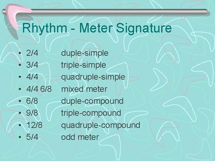 Rhythm - Meter Signature • • 2/4 3/4 4/4 6/8 9/8 12/8 5/4 duple-simple