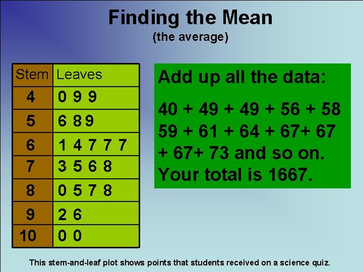 Finding the Mean (the average) Stem Leaves 4 5 6 7 8 9 10