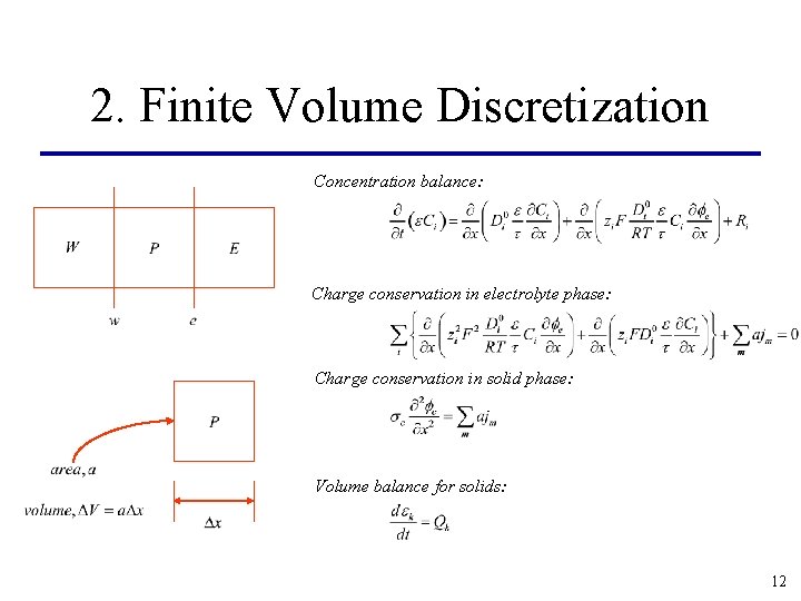 2. Finite Volume Discretization Concentration balance: Charge conservation in electrolyte phase: Charge conservation in 2. Finite Volume Discretization Concentration balance: Charge conservation in electrolyte phase: Charge conservation in