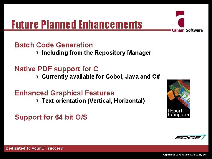Future Planned Enhancements Batch Code Generation Including from the Repository Manager Native PDF support
