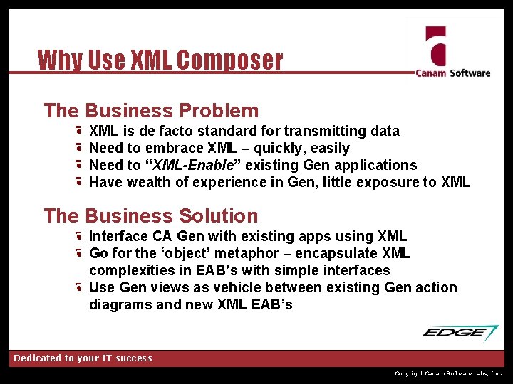 Why Use XML Composer The Business Problem XML is de facto standard for transmitting