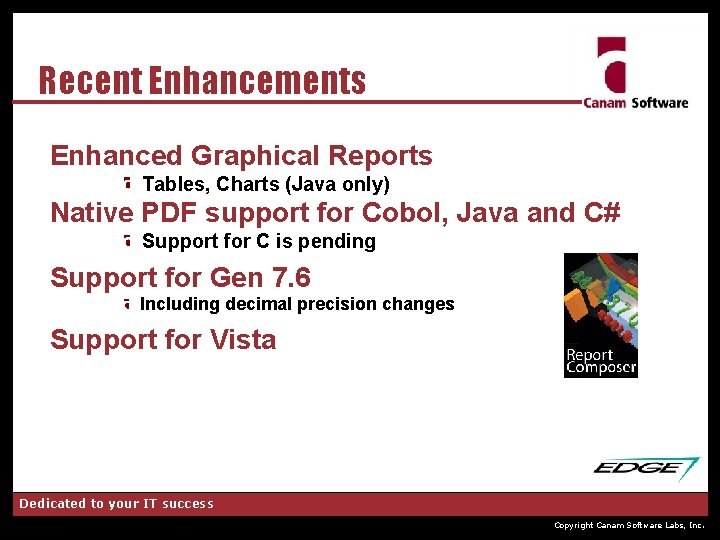 Recent Enhancements Enhanced Graphical Reports Tables, Charts (Java only) Native PDF support for Cobol,