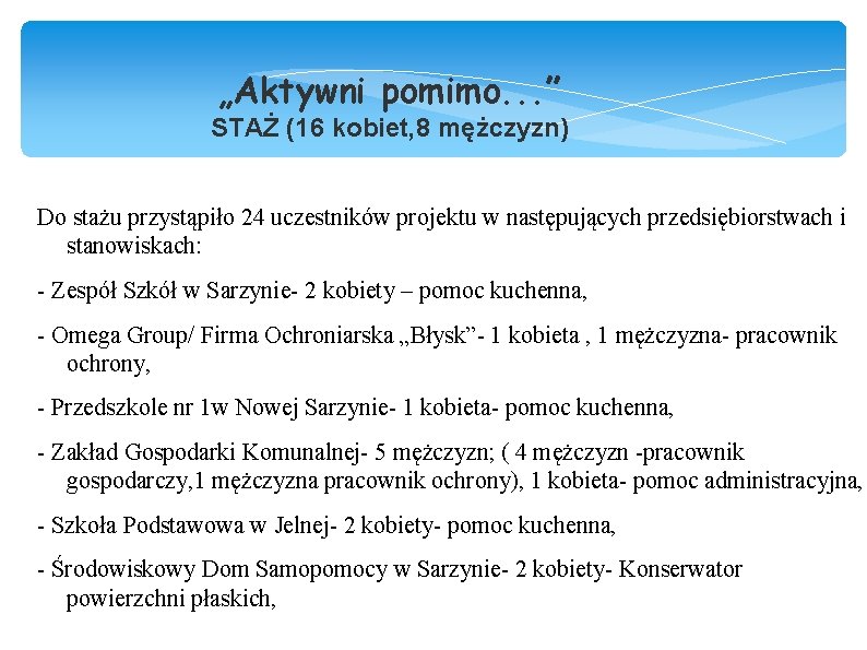 „Aktywni pomimo. . . ” STAŻ (16 kobiet, 8 mężczyzn) Do stażu przystąpiło 24