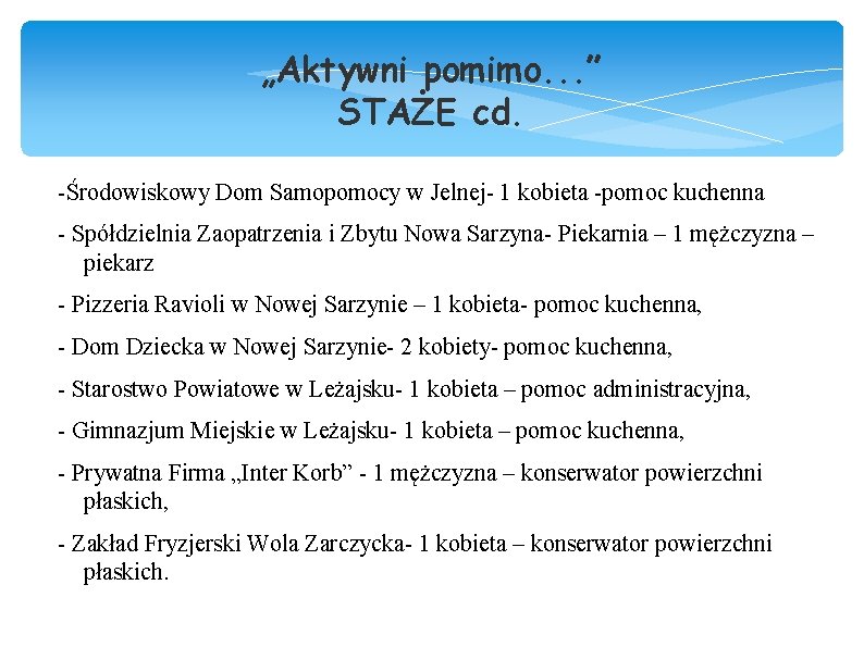 „Aktywni pomimo. . . ” STAŻE cd. -Środowiskowy Dom Samopomocy w Jelnej- 1 kobieta