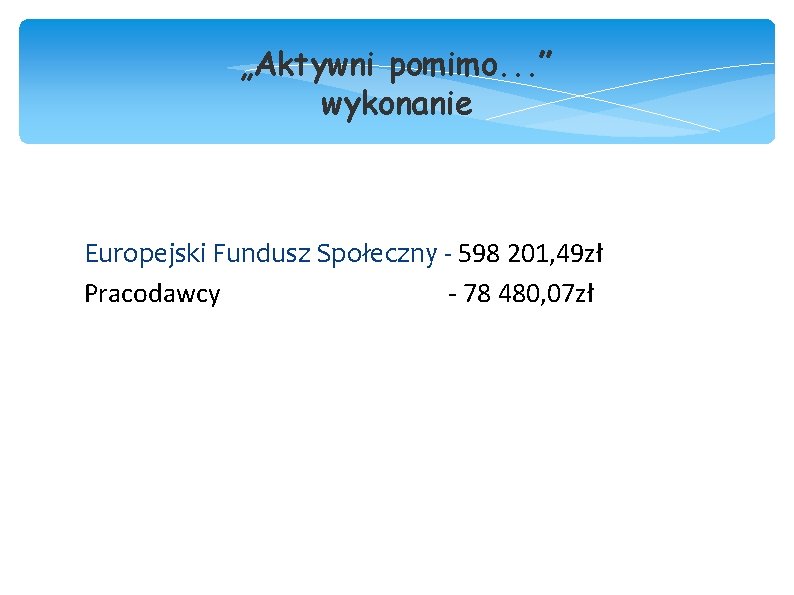 „Aktywni pomimo. . . ” wykonanie Europejski Fundusz Społeczny - 598 201, 49 zł