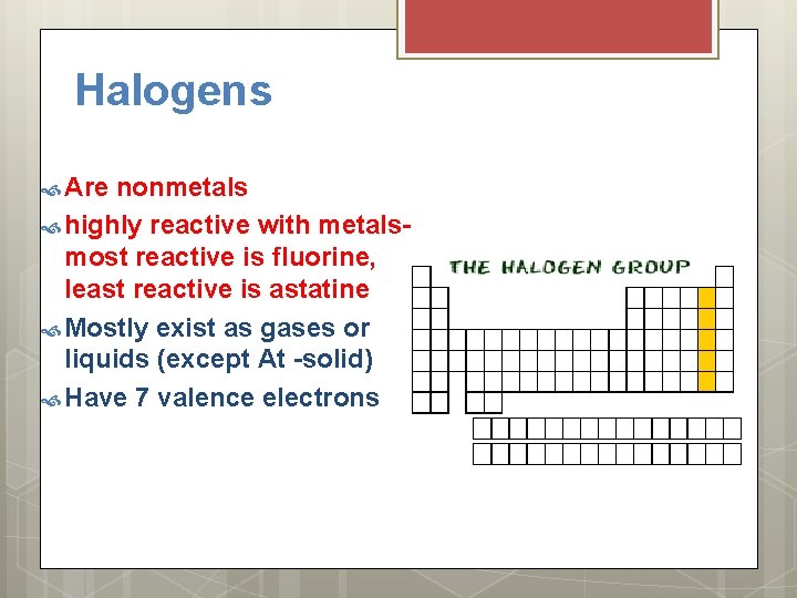 Halogens Are nonmetals highly reactive with metalsmost reactive is fluorine, least reactive is astatine