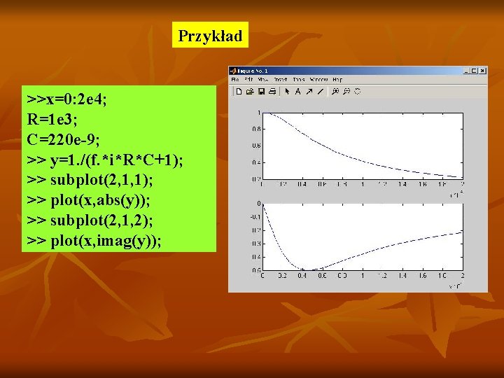 Przykład >>x=0: 2 e 4; R=1 e 3; C=220 e-9; >> y=1. /(f. *i*R*C+1); Przykład >>x=0: 2 e 4; R=1 e 3; C=220 e-9; >> y=1. /(f. *i*R*C+1);