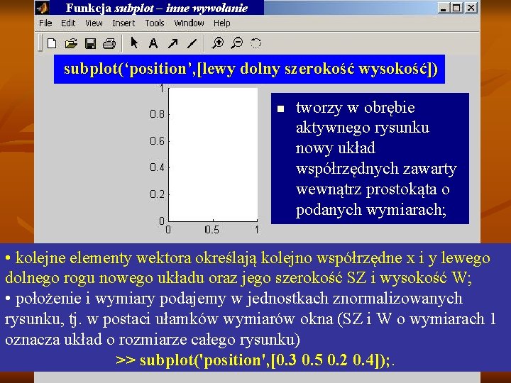 Funkcja subplot – inne wywołanie subplot(‘position’, [lewy dolny szerokość wysokość]) n tworzy w obrębie