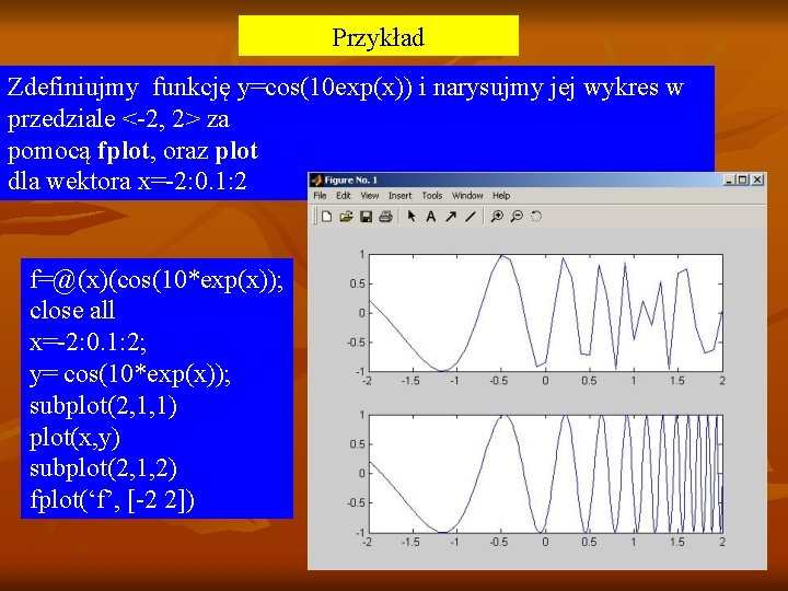 Przykład Zdefiniujmy funkcję y=cos(10 exp(x)) i narysujmy jej wykres w przedziale <-2, 2> za Przykład Zdefiniujmy funkcję y=cos(10 exp(x)) i narysujmy jej wykres w przedziale <-2, 2> za