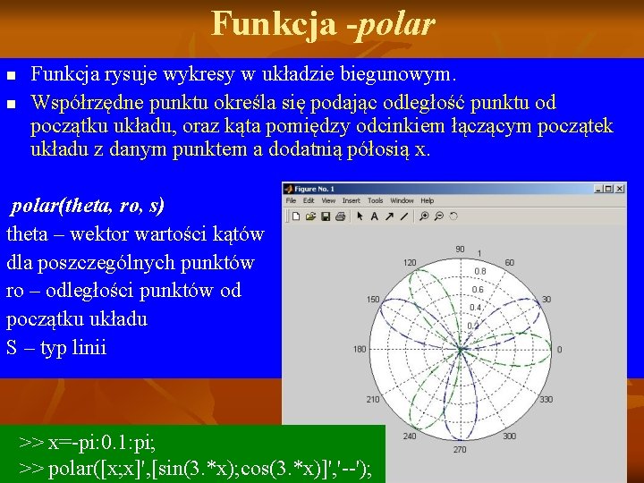 Funkcja -polar n n Funkcja rysuje wykresy w układzie biegunowym. Współrzędne punktu określa się Funkcja -polar n n Funkcja rysuje wykresy w układzie biegunowym. Współrzędne punktu określa się