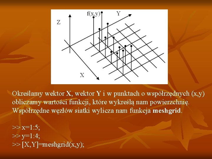 Określamy wektor X, wektor Y i w punktach o współrzędnych (x, y) obliczamy wartości Określamy wektor X, wektor Y i w punktach o współrzędnych (x, y) obliczamy wartości