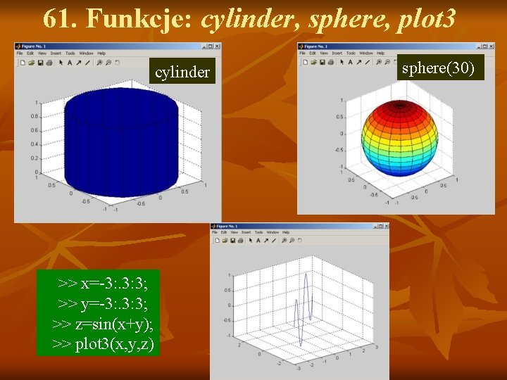 61. Funkcje: cylinder, sphere, plot 3 cylinder >> x=-3: . 3: 3; >> y=-3: 61. Funkcje: cylinder, sphere, plot 3 cylinder >> x=-3: . 3: 3; >> y=-3: